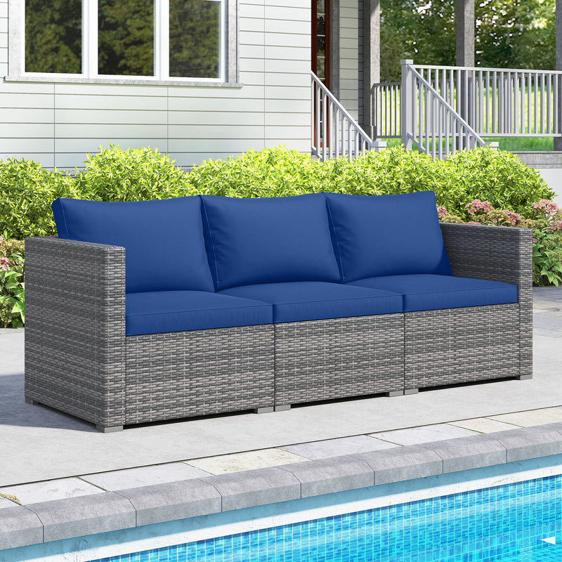 Costway - 3 Pieces Patio Sectional Sofa Set PE Rattan Modular Couch Furniture Set with Soft Cushions-Navy