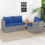 Costway - 3 Pieces Patio Sectional Sofa Set PE Rattan Modular Couch Furniture Set with Soft Cushions-Navy