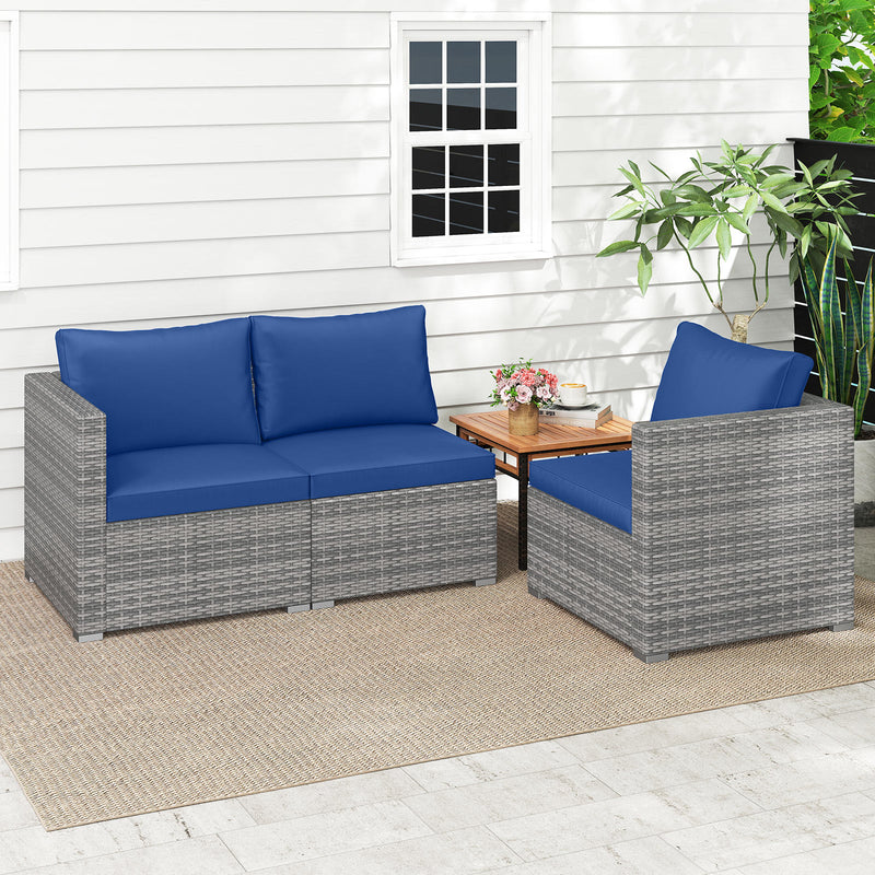 Costway - 3 Pieces Patio Sectional Sofa Set PE Rattan Modular Couch Furniture Set with Soft Cushions-Navy