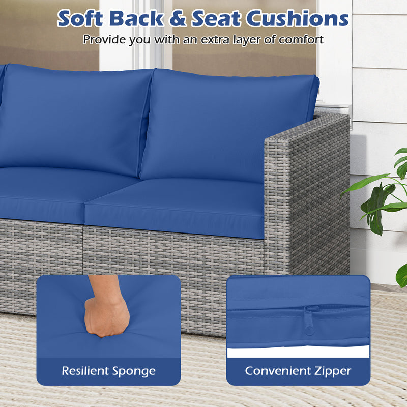 Costway - 3 Pieces Patio Sectional Sofa Set PE Rattan Modular Couch Furniture Set with Soft Cushions-Navy