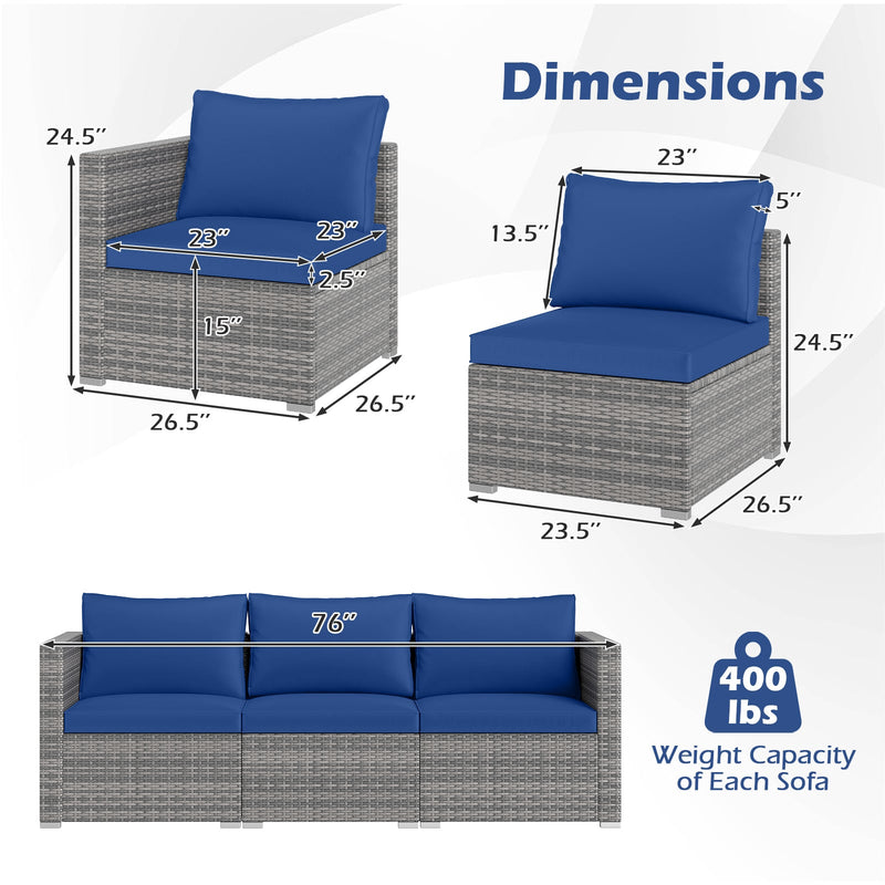 Costway - 3 Pieces Patio Sectional Sofa Set PE Rattan Modular Couch Furniture Set with Soft Cushions-Navy