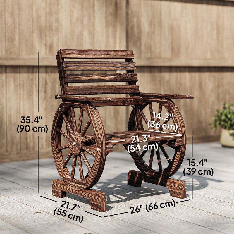 Outsunny - Wood Outdoor Patio Chair, Lounge Chair with Wagon Wheel Armrests, Slatted Wide Seat, Slanted Backrest, Carbonized