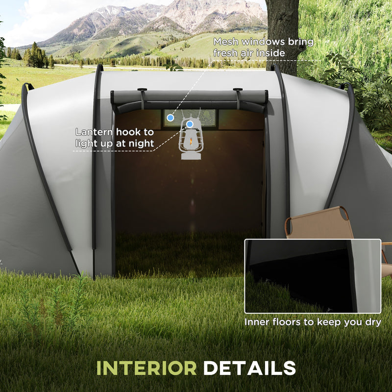 Outsunny - Camping Tent with 2 Bedrooms and Living Area, 3000mm Waterproof Family Tent, for Fishing Hiking Festival, Grey