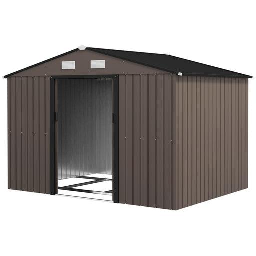 9.1'x6.4'x6.3' Garden Storage Shed w/ Foundation Kit Metal Tool Storage House w/ Double Doors Brown