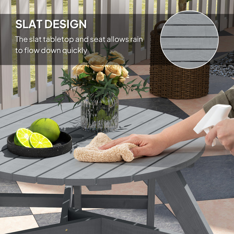 Outsunny - 6 Person Round Picnic Table Bench Set with Umbrella Hole, Wood Patio Table with 3 Built-in Benches for Garden, Deck, Backyard, Grey
