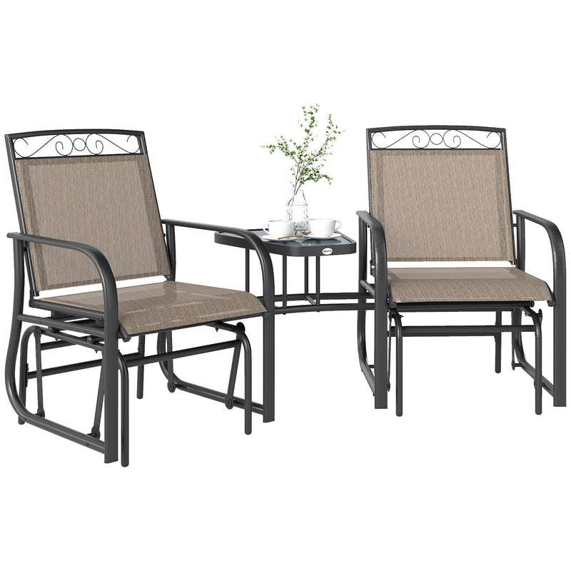 Outsunny - Outdoor Glider Bench with Coffee Table, Patio 2-Seat Rocking Chair Swing Loveseat with Breathable Sling for Backyard Garden Porch, Brown