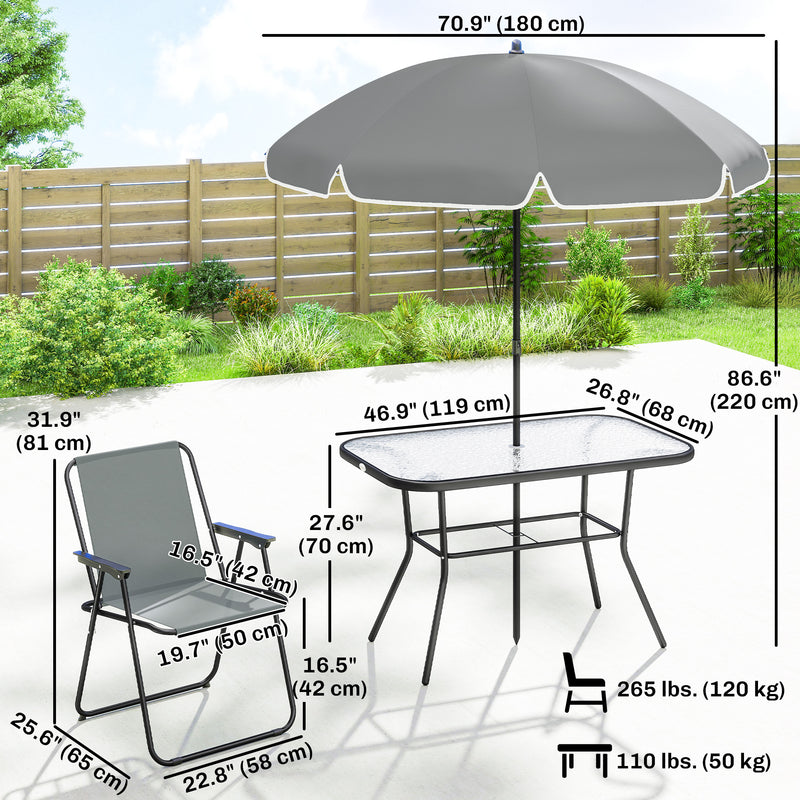 Outsunny - 8 Piece Patio Table and Chairs Set with Folding Chairs, Tempered Glass Tabletop and Umbrella for Garden, Grey