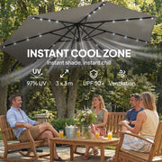 9.7 ft Cantilever Patio Umbrella with Solar Light, Garden Hanging Parasol with Cover, Tilt, Crank, Grey