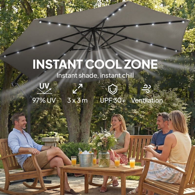 9.7 ft Cantilever Patio Umbrella with Solar Light, Garden Hanging Parasol with Cover, Tilt, Crank, Grey