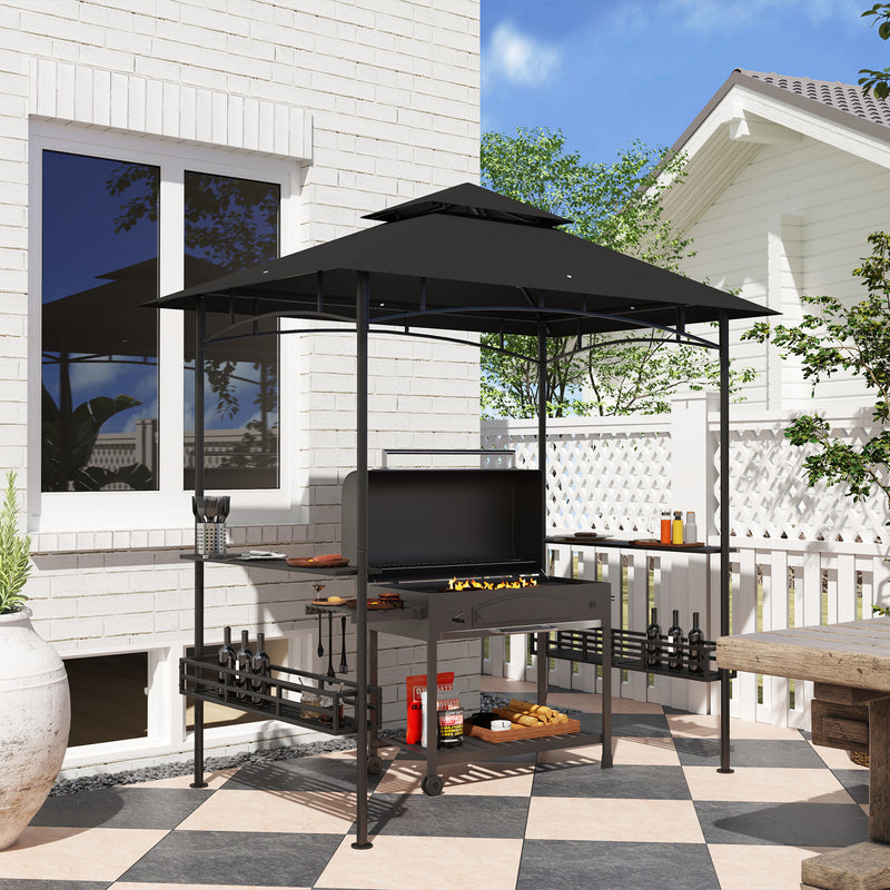 Outsunny - 8' x 5' Barbecue Gazebo, 2-Tier BBQ Gazebo with 2 Side Shelves, Storage Basket, Hanging Hooks, Dark Grey