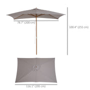 7' x 10' Wooden Patio Umbrella, Rectangle Garden Parasol, Outdoor Sunshade Canopy with Bamboo Ribs for Garden, Grey