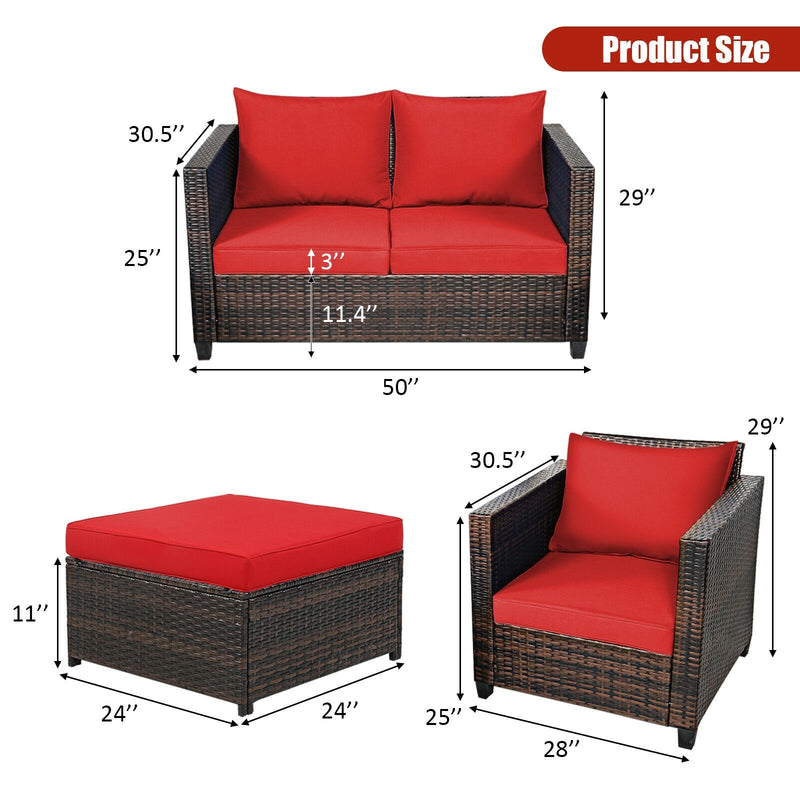 Costway - 5 Pieces Patio Cushioned Rattan Furniture Set-Red