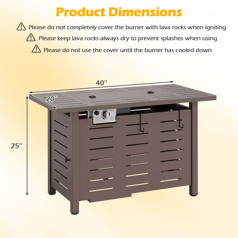 Costway - 40 Inch Outdoor Propane Fire Pit Rectangle Gas Fire Table with Lava Rocks-Brown