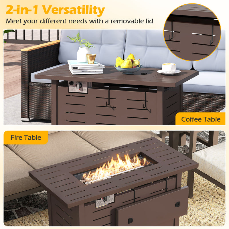 Costway - 40 Inch Outdoor Propane Fire Pit Rectangle Gas Fire Table with Lava Rocks-Brown