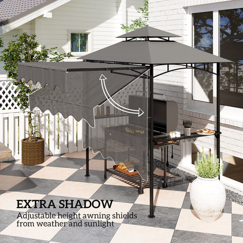 Outsunny - 8' x 7.6' Grill Gazebo, Double Tiered Barbecue Grill Gazebo Shelter w/ Side Awning, 2 Side Shelves, 6 Hooks, Dark Grey