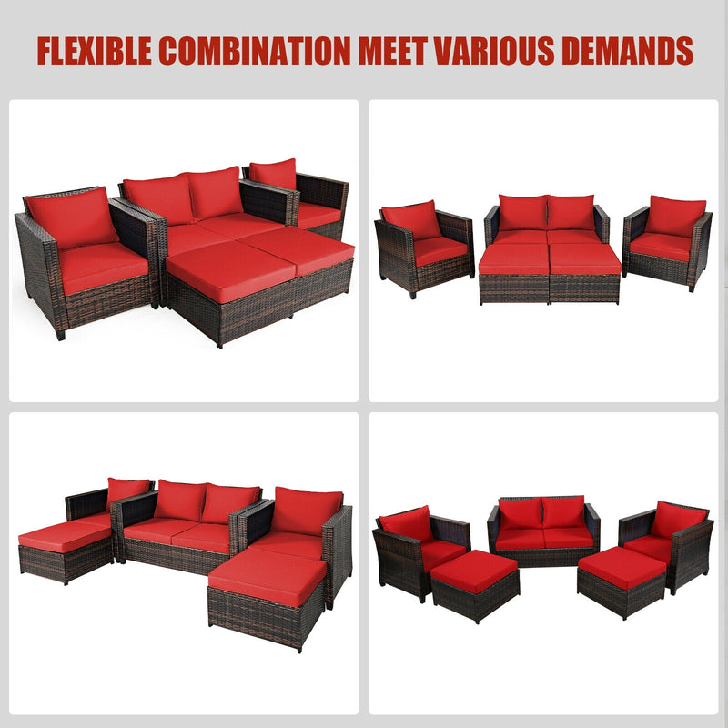 Costway - 5 Pieces Patio Cushioned Rattan Furniture Set-Red