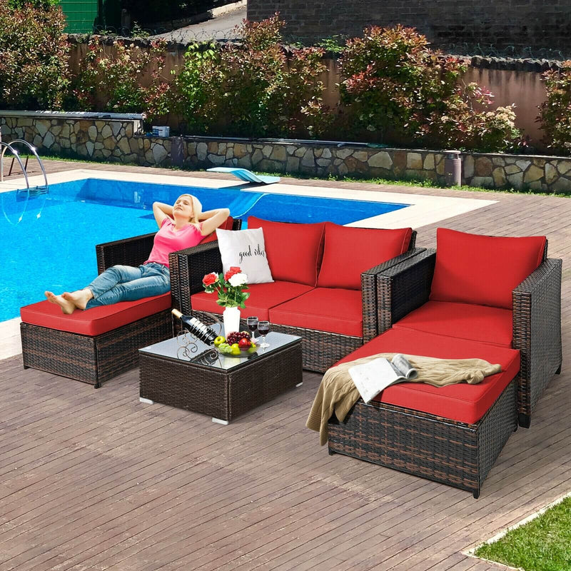 Costway - 5 Pieces Patio Cushioned Rattan Furniture Set-Red
