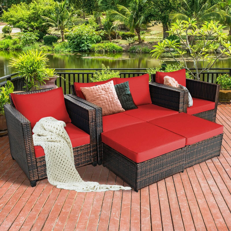 Costway - 5 Pieces Patio Cushioned Rattan Furniture Set-Red