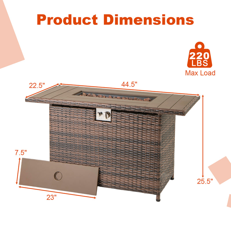 Costway - 44.5 Inch Propane Fire Pit Table Rattan Gas 2-in-1 with Stainless Steel Burner-Brown