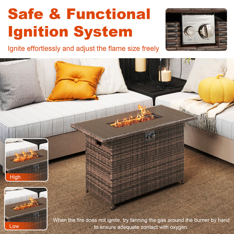 Costway - 44.5 Inch Propane Fire Pit Table Rattan Gas 2-in-1 with Stainless Steel Burner-Brown
