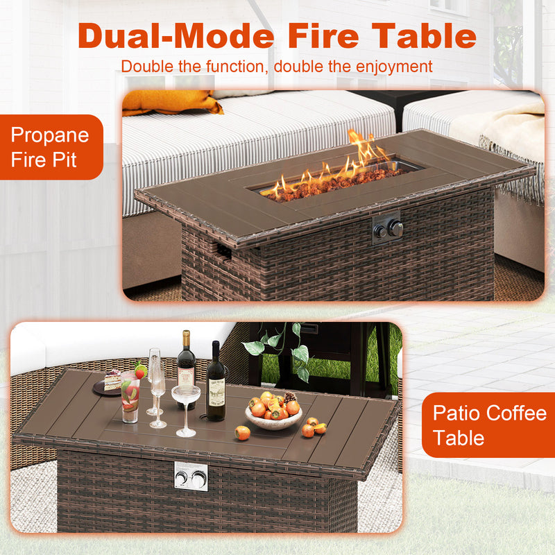 Costway - 44.5 Inch Propane Fire Pit Table Rattan Gas 2-in-1 with Stainless Steel Burner-Brown