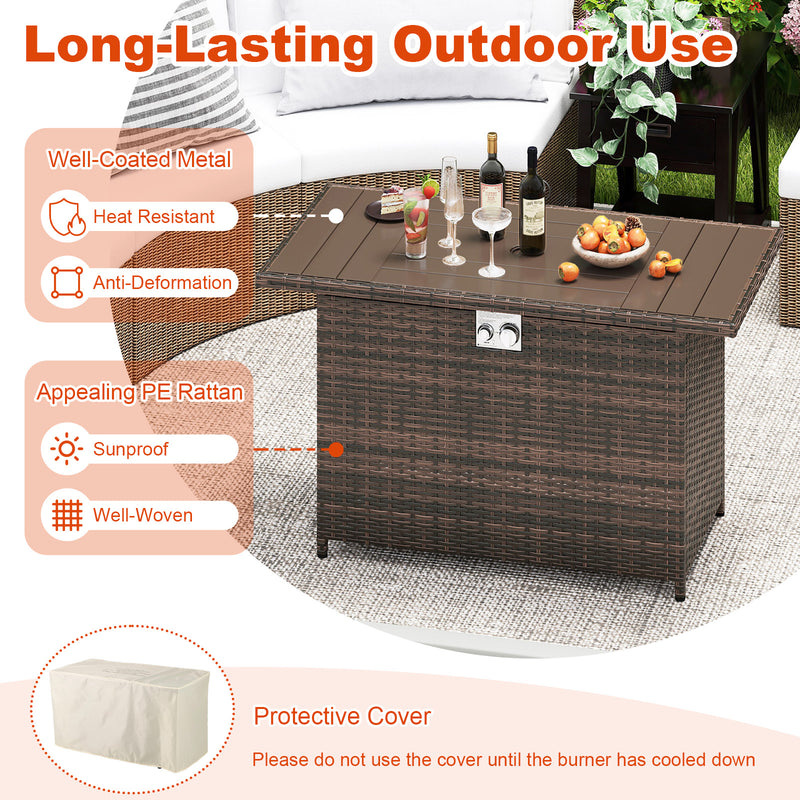Costway - 44.5 Inch Propane Fire Pit Table Rattan Gas 2-in-1 with Stainless Steel Burner-Brown