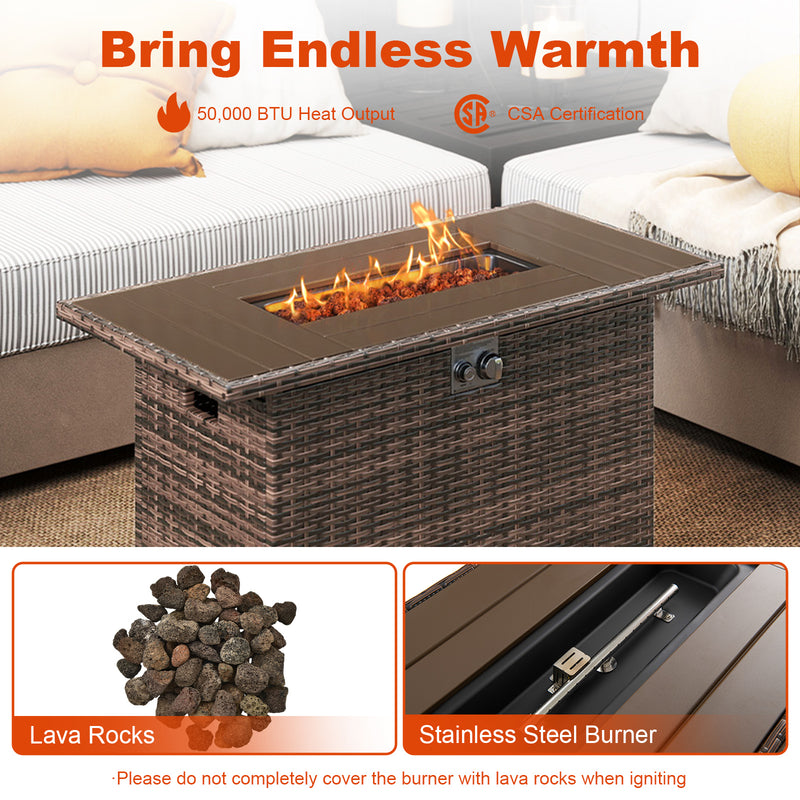 Costway - 44.5 Inch Propane Fire Pit Table Rattan Gas 2-in-1 with Stainless Steel Burner-Brown
