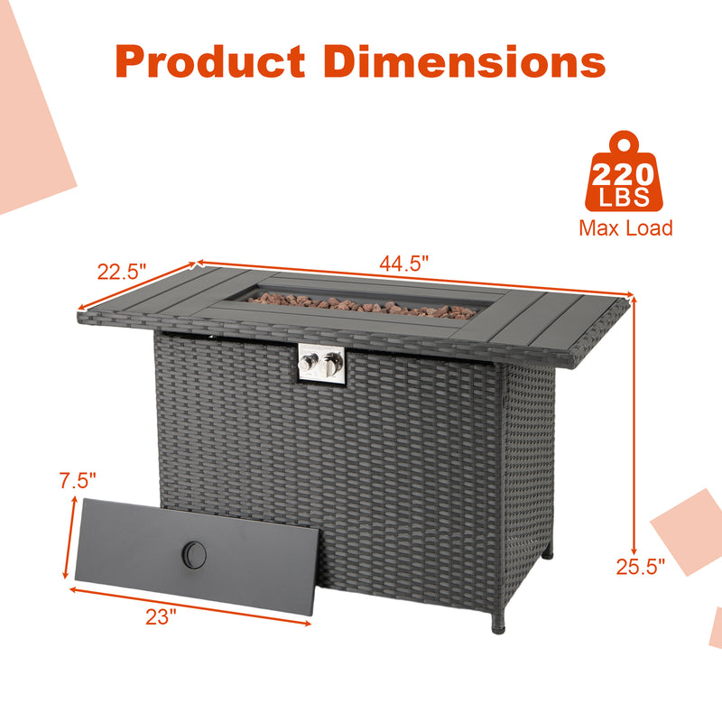Costway - 44.5 Inch Propane Fire Pit Table Rattan Gas 2-in-1 with Stainless Steel Burner-Black