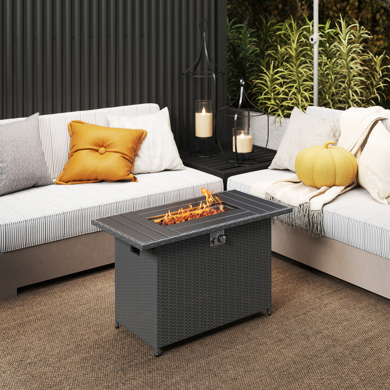 Costway - 44.5 Inch Propane Fire Pit Table Rattan Gas 2-in-1 with Stainless Steel Burner-Black