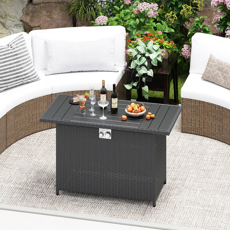 Costway - 44.5 Inch Propane Fire Pit Table Rattan Gas 2-in-1 with Stainless Steel Burner-Black
