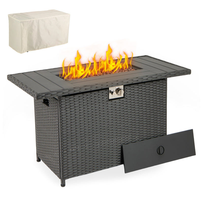 Costway - 44.5 Inch Propane Fire Pit Table Rattan Gas 2-in-1 with Stainless Steel Burner-Black