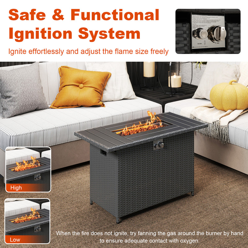 Costway - 44.5 Inch Propane Fire Pit Table Rattan Gas 2-in-1 with Stainless Steel Burner-Black