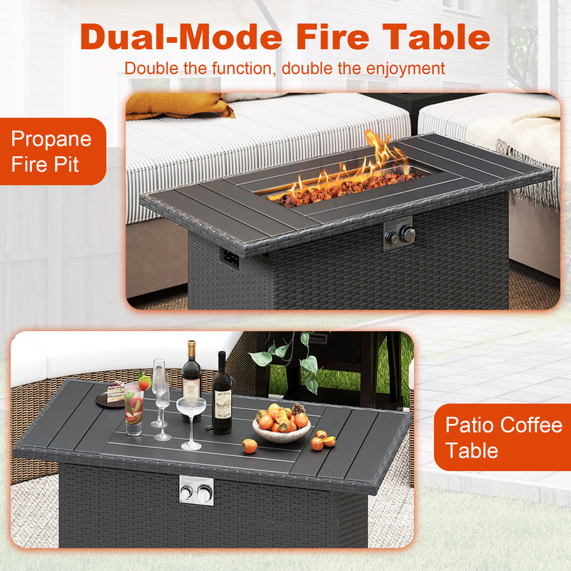 Costway - 44.5 Inch Propane Fire Pit Table Rattan Gas 2-in-1 with Stainless Steel Burner-Black