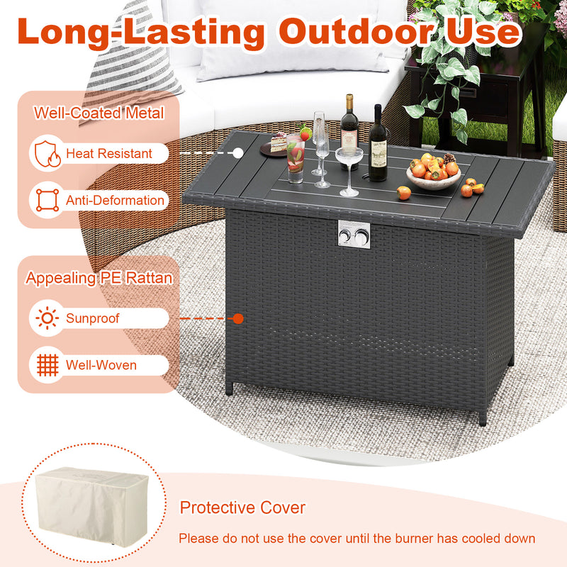 Costway - 44.5 Inch Propane Fire Pit Table Rattan Gas 2-in-1 with Stainless Steel Burner-Black