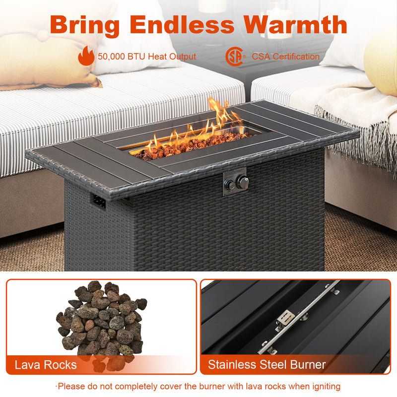 Costway - 44.5 Inch Propane Fire Pit Table Rattan Gas 2-in-1 with Stainless Steel Burner-Black