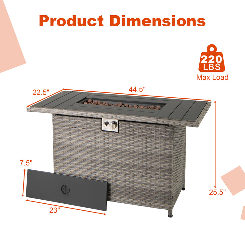 Costway - 44.5 Inch Propane Fire Pit Table Rattan Gas 2-in-1 with Stainless Steel Burner-Gray