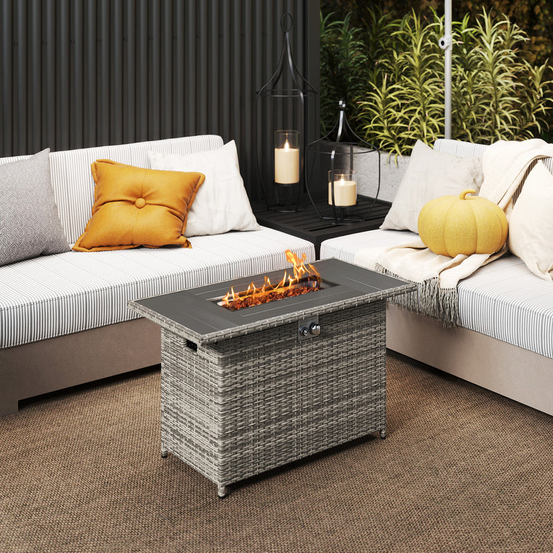 Costway - 44.5 Inch Propane Fire Pit Table Rattan Gas 2-in-1 with Stainless Steel Burner-Gray