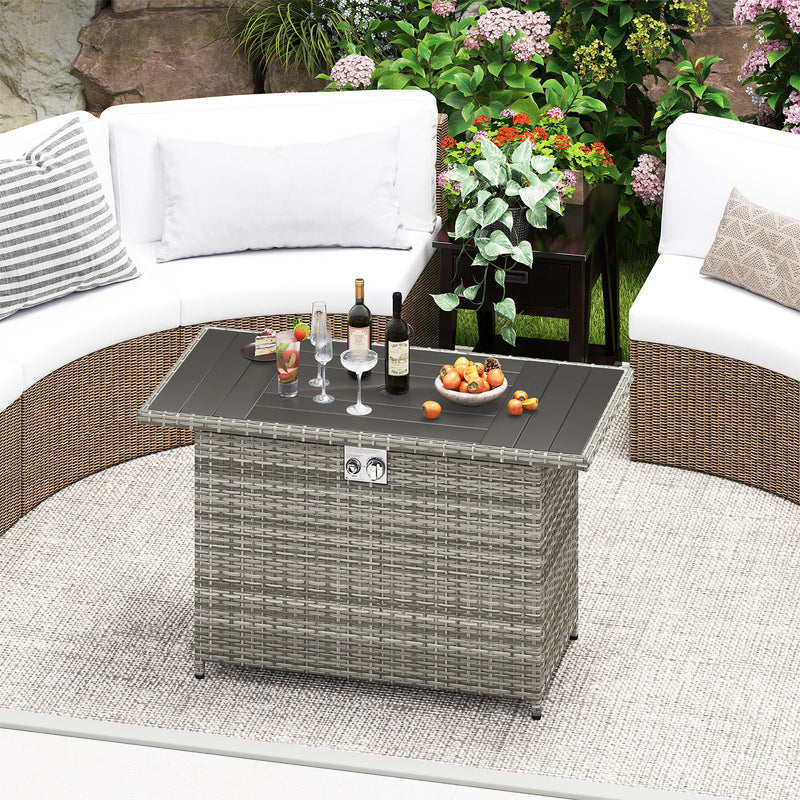 Costway - 44.5 Inch Propane Fire Pit Table Rattan Gas 2-in-1 with Stainless Steel Burner-Gray