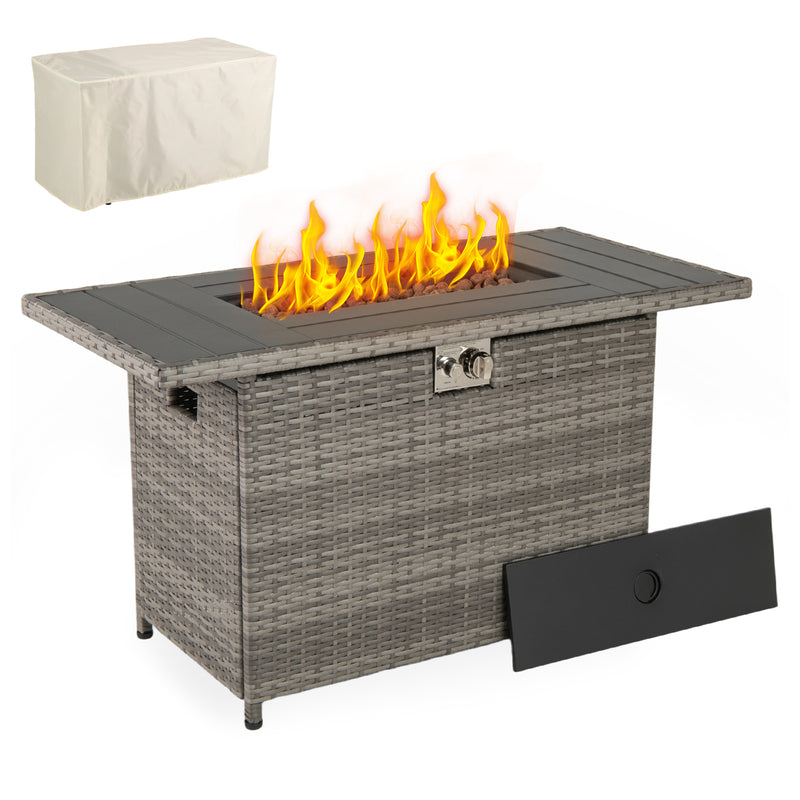 Costway - 44.5 Inch Propane Fire Pit Table Rattan Gas 2-in-1 with Stainless Steel Burner-Gray
