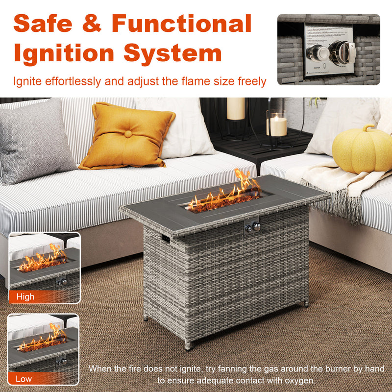 Costway - 44.5 Inch Propane Fire Pit Table Rattan Gas 2-in-1 with Stainless Steel Burner-Gray