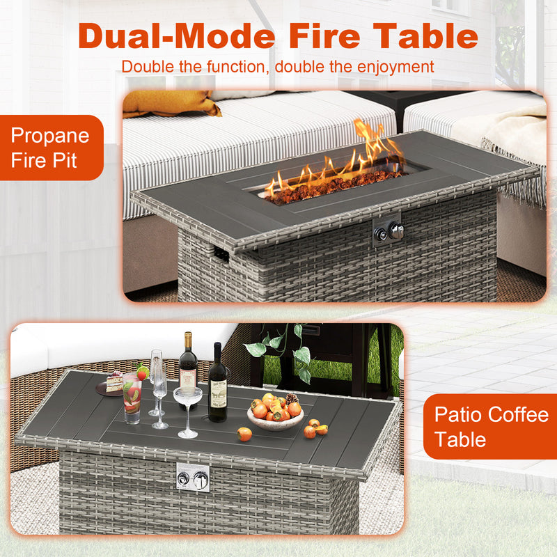 Costway - 44.5 Inch Propane Fire Pit Table Rattan Gas 2-in-1 with Stainless Steel Burner-Gray