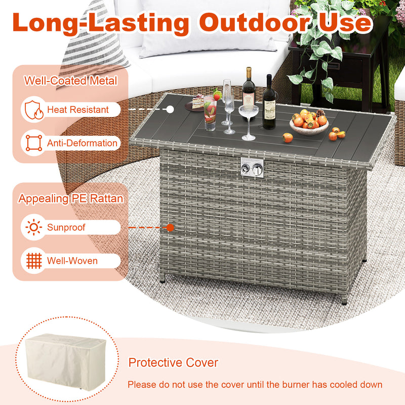 Costway - 44.5 Inch Propane Fire Pit Table Rattan Gas 2-in-1 with Stainless Steel Burner-Gray