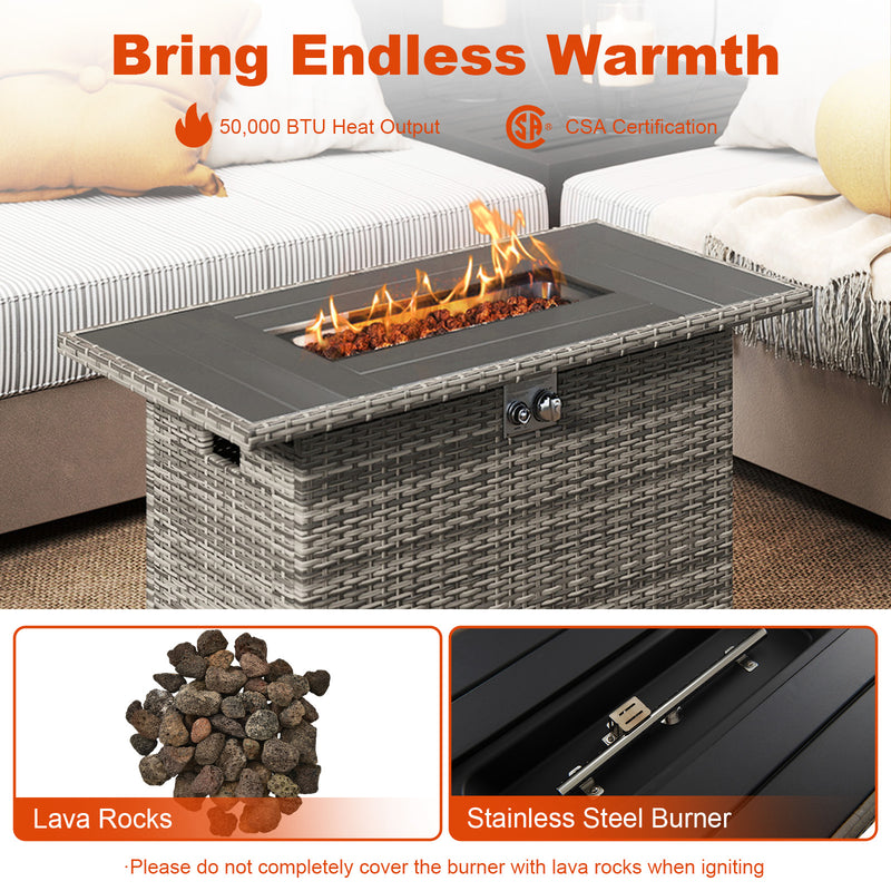 Costway - 44.5 Inch Propane Fire Pit Table Rattan Gas 2-in-1 with Stainless Steel Burner-Gray