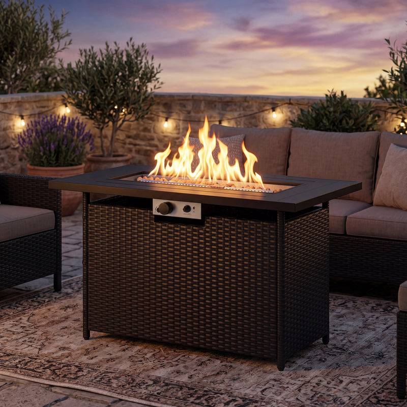 Costway - 44.5 Inch Propane Fire Pit Table Rattan Gas 2-in-1 with Stainless Steel Burner-Black & Gray