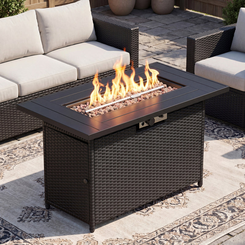 Costway - 44.5 Inch Propane Fire Pit Table Rattan Gas 2-in-1 with Stainless Steel Burner-Black & Gray