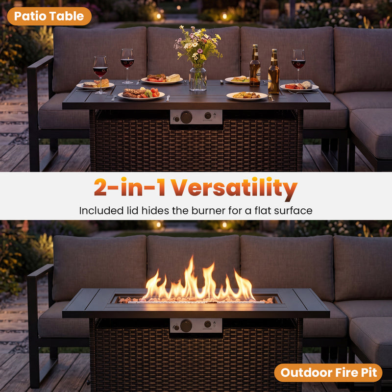Costway - 44.5 Inch Propane Fire Pit Table Rattan Gas 2-in-1 with Stainless Steel Burner-Black & Gray