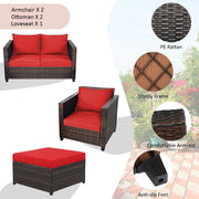 Costway - 5 Pieces Patio Cushioned Rattan Furniture Set-Red
