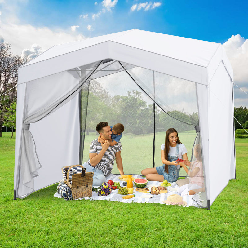 Costway - Pop up Canopy Tent wiht 4 Sidewalls Mesh Netting Wheeled Bag-White