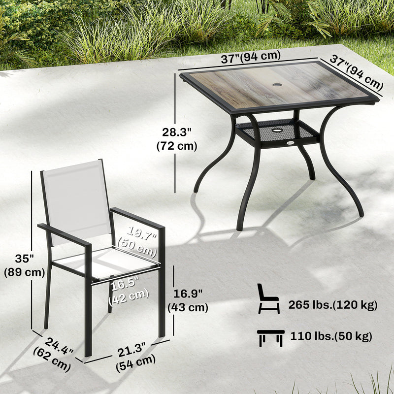 Outsunny - 5 Piece Outdoor Patio Dining Set, Dining Table and 4 Stackable Chairs with Umbrella Hole, Shelf