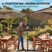 9.7 ft Cantilever Patio Umbrella with Solar Light, Garden Hanging Parasol with Cover, Tilt, Crank, Khaki
